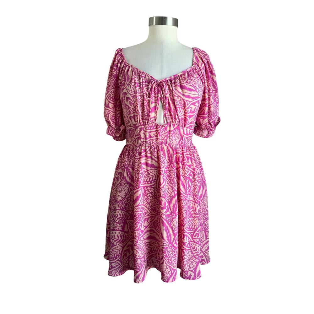 Sienna Sky Pink Printed Smocked Mini Dress Cottagecore Boho Puff Sleeve‎ M